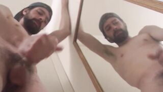Bearded straight thug Mickey Waters cums on a mirror solo