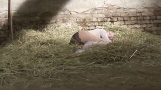 Sub into fishnets gets toes cumshot inside the barn