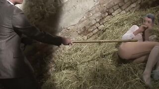 Sub into fishnets gets toes cumshot inside the barn