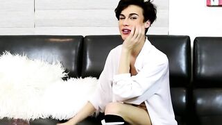 Makeup-wearing twink strokes cock after sex interview