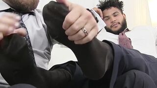 Latino hunk has his feet massaged and licked by bearded gay
