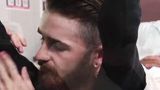 Doctor masturbates while bearded patient licks his feet
