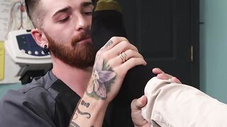 Doctor masturbates while bearded patient licks his feet