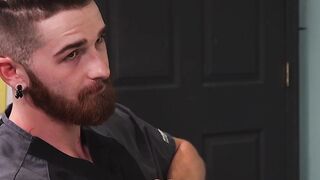 Doctor masturbates while bearded patient licks his feet
