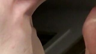 Tattooed skinny dude smoking and shooting cum on the floor