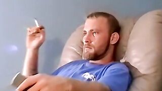 Bearded amateur filmed watching porn and stroking his cock