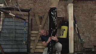 Mature master Sebastian Kane gives bound slave a handjob
