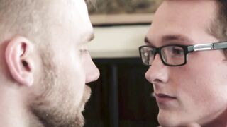 Tattooed bearded hunk fucking young twink bareback here