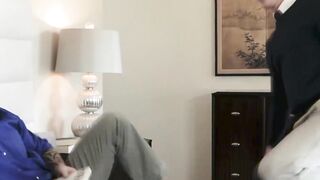 Tattooed bearded hunk fucking young twink bareback here