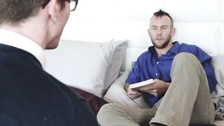 Tattooed bearded hunk fucking young twink bareback here