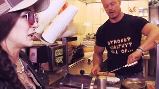 Influencer having a three-hole fucked into a currywurst stall