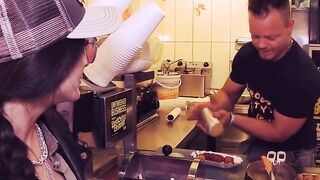 Influencer having a three-hole fucked into a currywurst stall