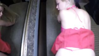 Mini titted blonde gets jizzed inside front of the mirror