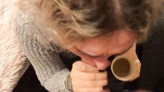 Submissive blonde's bimbo mouth totally USED. Then she drinks COFFEE with CUM! (Full Clip)