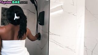 Ebony taking a shower MILF erotically masturbates into solo session