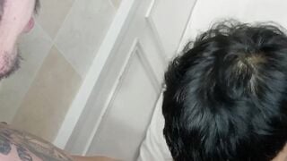 Tattooed Japanese twink spraying cum after hard ass drilling