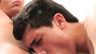 Bottom Latino twink barebacked after sucking two big dicks