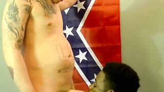 Inked jock barebacked vigorously after IR blowjob