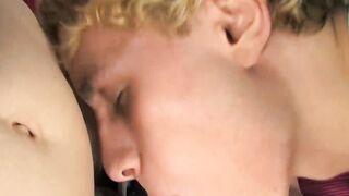 Blonde twinks face covered in cum after doggystyle drilling