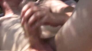 Fellow takes a fleshlight outside and plays with his nuts as well