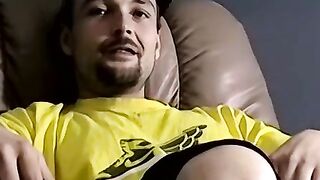 Bearded amateur plays with his dick and cums on himself