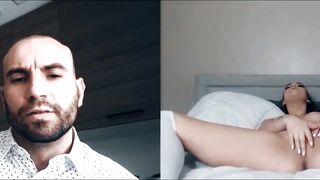 Sexy Athena Faris webcam pussy play while bald stud watches