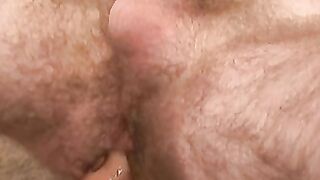 Bearded mature guy anal drilled with big dildo while moaning