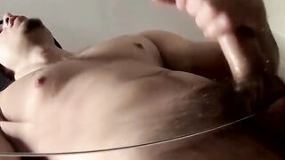 Horny Thug Cage wanks big cock and cums on glass table