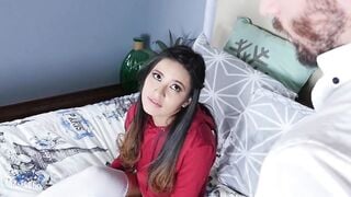 Tiny teen receives cum in mouth after riding huge dick