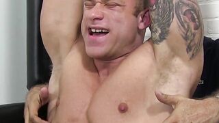 Re stained muscular hunk laughs his ass off during tickling