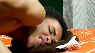 Cute ebony twink fucked bareback style after blowing dick