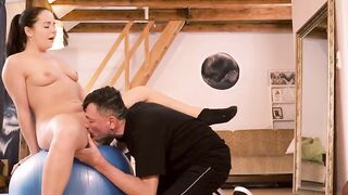 Fitness coach seduces young woman while doing sports