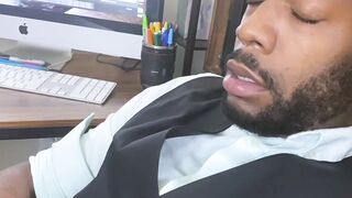 Bearded black stud licks his bosses feet while masturbating
