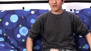 Interviewed young twink jerks off his big dick and cums