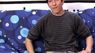 Interviewed young twink jerks off his big dick and cums