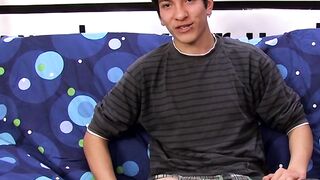 Interviewed young twink jerks off his big dick and cums