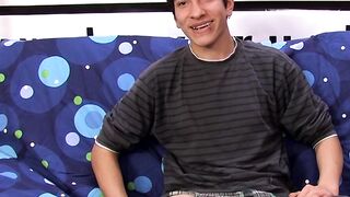 Interviewed young twink jerks off his big dick and cums