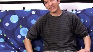Interviewed young twink jerks off his big dick and cums