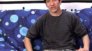 Interviewed young twink jerks off his big dick and cums