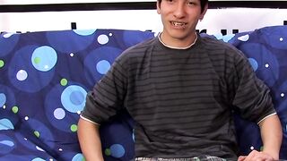 Interviewed young twink jerks off his big dick and cums