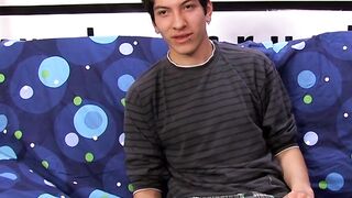 Interviewed young twink jerks off his big dick and cums