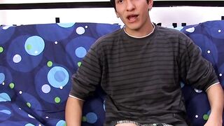Interviewed young twink jerks off his big dick and cums