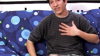 Interviewed young twink jerks off his big dick and cums