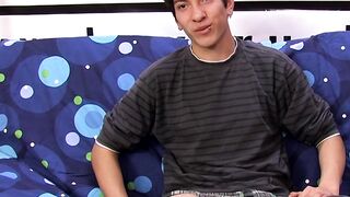 Interviewed young twink jerks off his big dick and cums