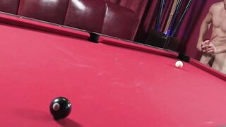 Attractive jock plays pool before stroking his big hard cock