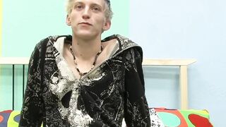 After the interview skinny teenager Ian jerks off his large cock