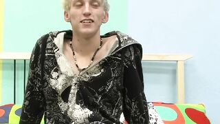 After the interview skinny teenager Ian jerks off his large cock
