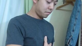 Sensual cute Asian twink strips and solo wanks his huge cock