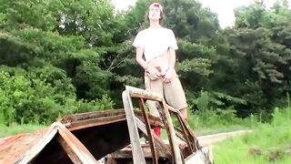 Twink Sean gets horny and wanks long cock outdoors