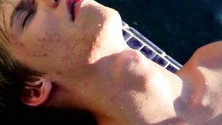 Blond twinky goes for a swim and then strokes his cock